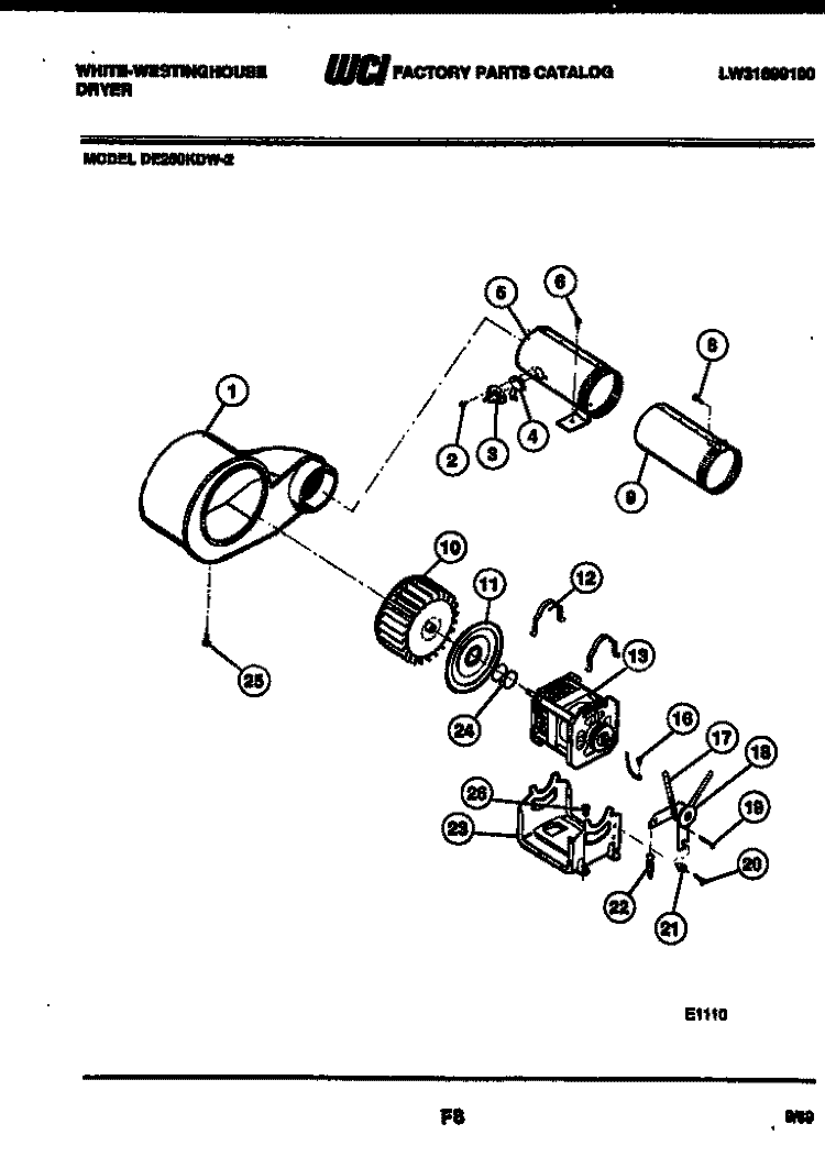 MOTOR AND BLOWER PARTS Diagram and Parts List for DE250KDW2  Frigidaire Dryer