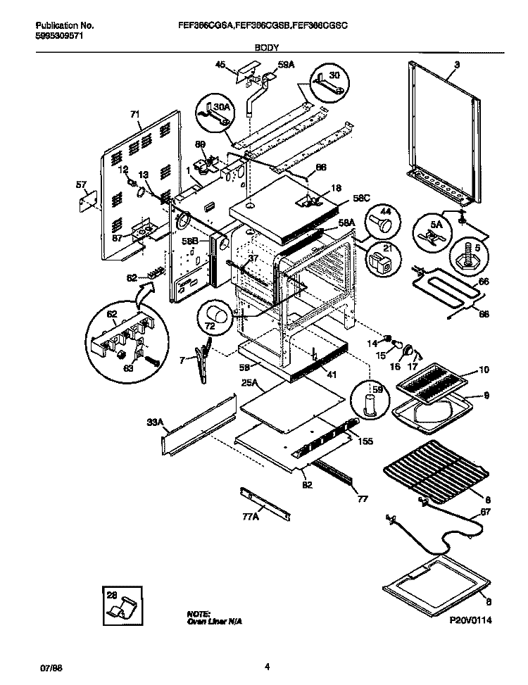 BODY Diagram and Parts List for FEF366CGSA  Frigidaire Range