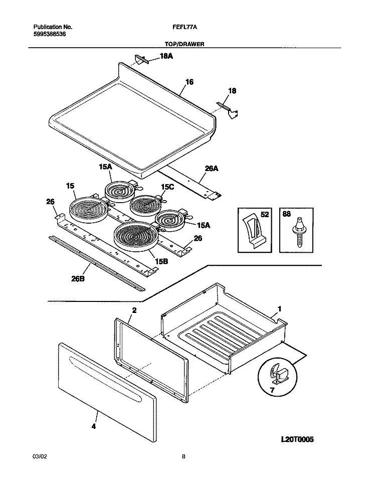 TOP / DRAWER Diagram and Parts List for FEFL77ABE  Frigidaire Range