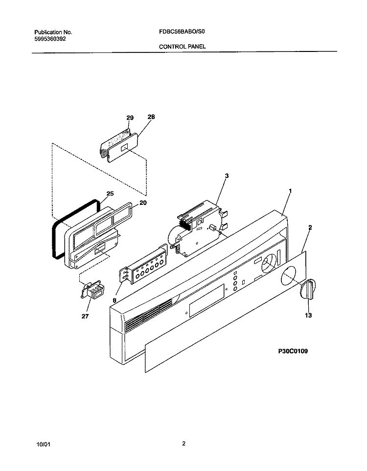 CONTROL PANEL Diagram and Parts List for FDBC56BAS0  Frigidaire Dishwasher