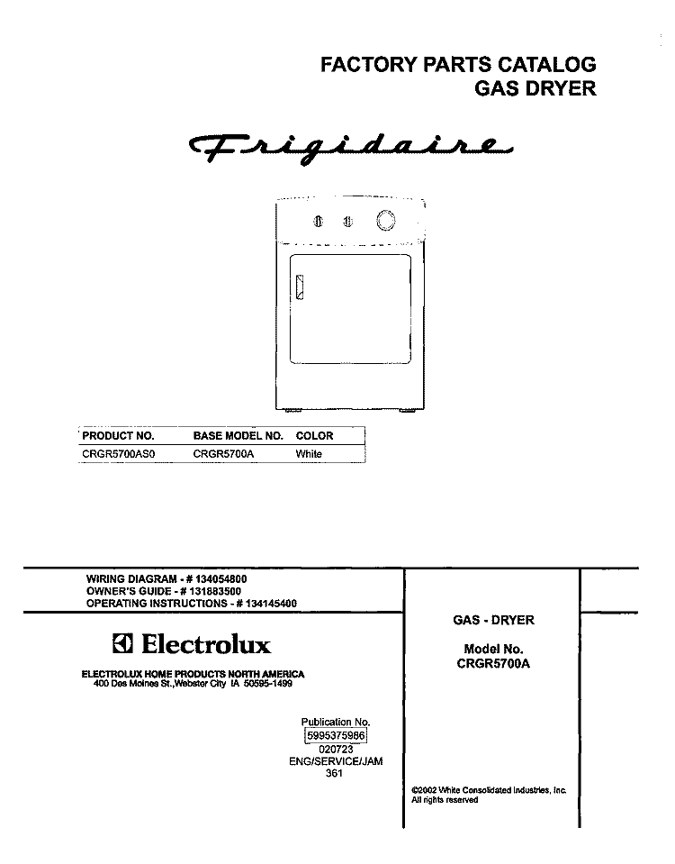 COVER Diagram and Parts List for CRGR5700AS0  Frigidaire Dryer