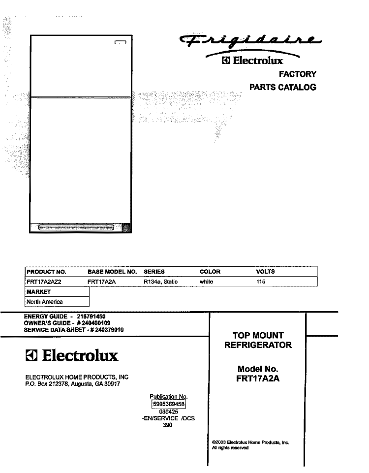 COVER Diagram and Parts List for FRT17A2AZ2  Frigidaire Refrigerator