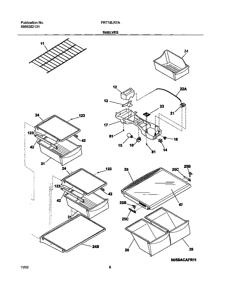 SHELVES Diagram and Parts List for FRT18LR7AQ6  Frigidaire Refrigerator