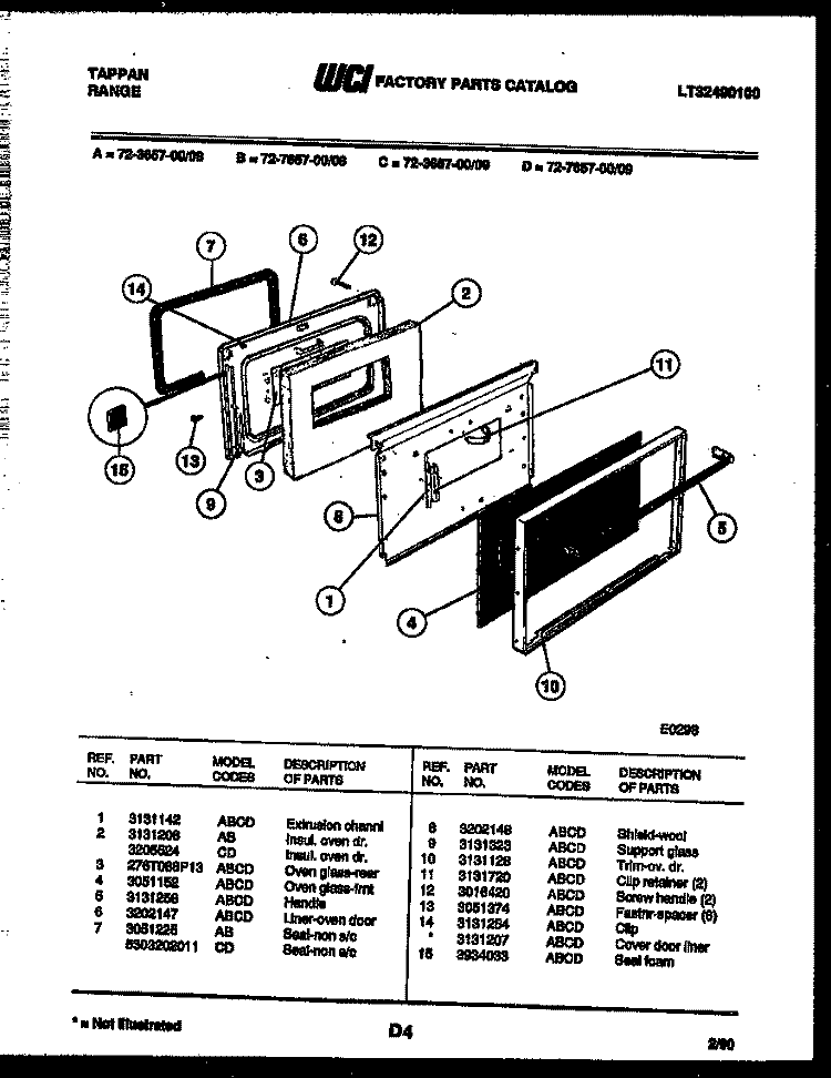 LOWER OVEN DOOR PARTS Diagram and Parts List for 72-3657-00-08  Tappan Range