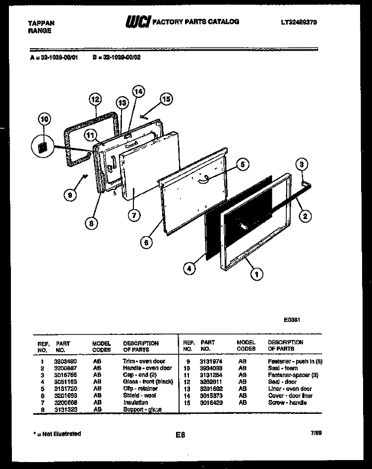 DOOR PARTS Diagram and Parts List for 32-1039-23-02  Tappan Range