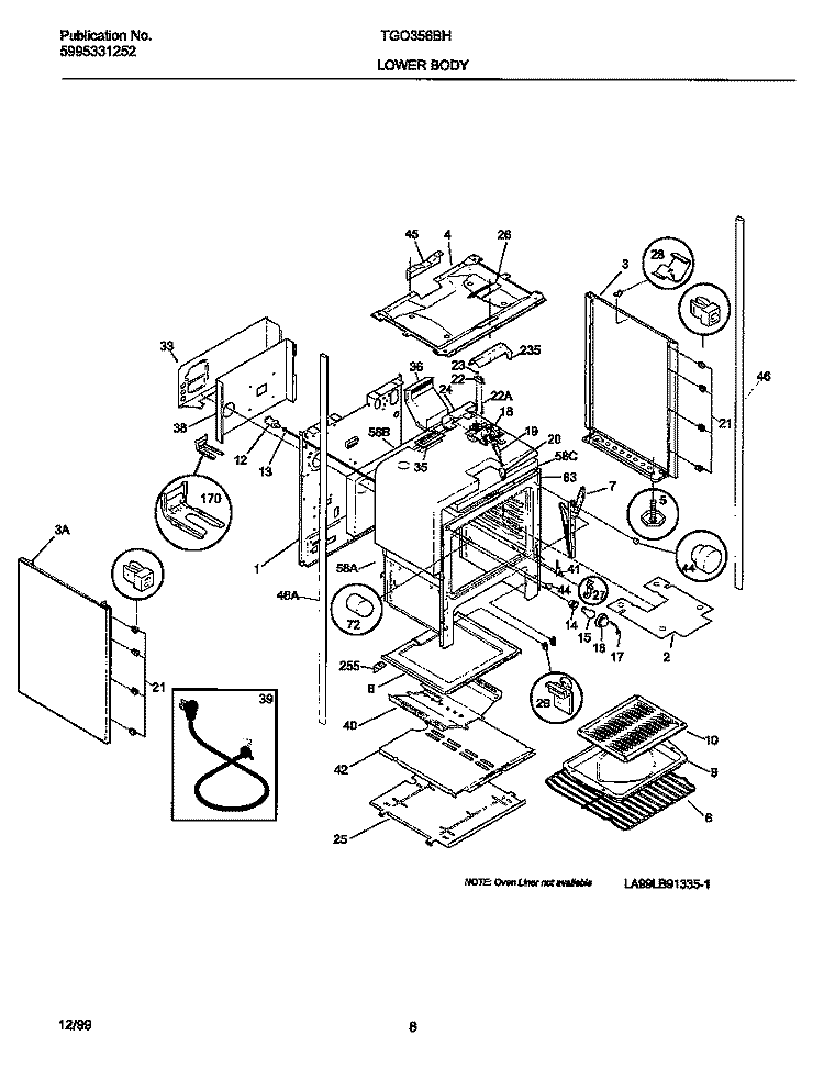 LOWER BODY Diagram and Parts List for TGO356BHD1  Frigidaire Range