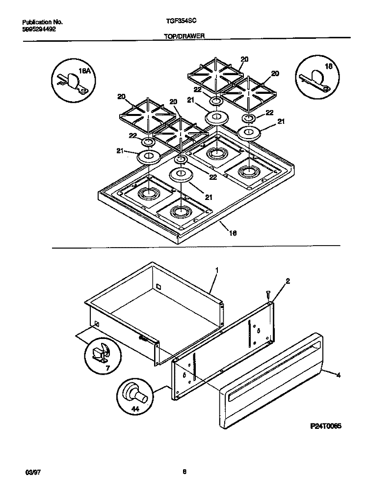 TOP / DRAWER Diagram and Parts List for TGF354SCWD  Tappan Range
