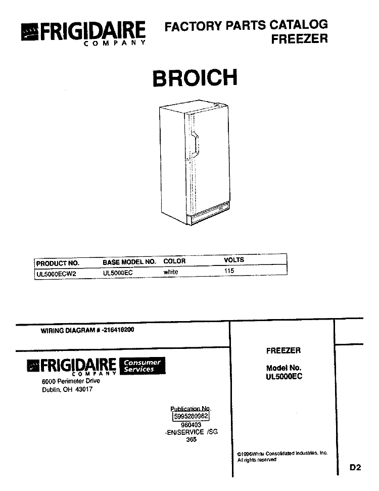 COVER Diagram and Parts List for UL5000ECW2  Frigidaire Freezer