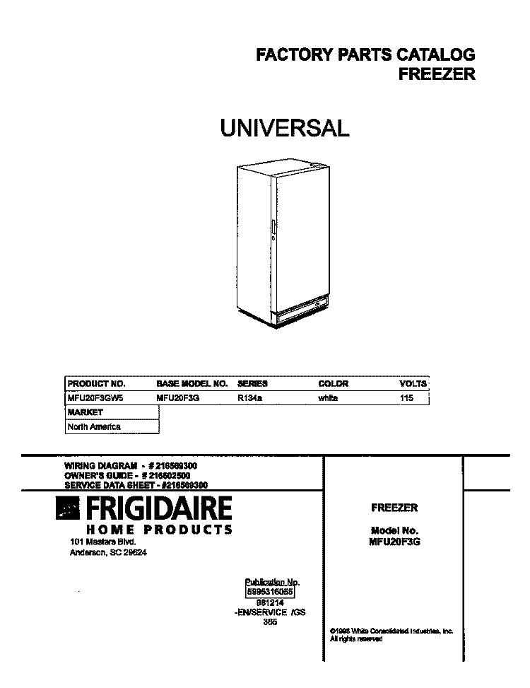 COVER Diagram and Parts List for MFU20F3GW5  Frigidaire Freezer