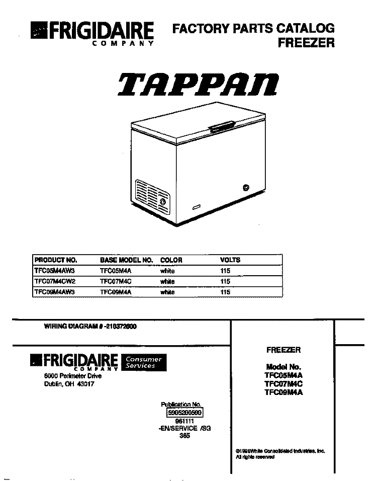 COVER Diagram and Parts List for TFC07M4CW2  Tappan Freezer