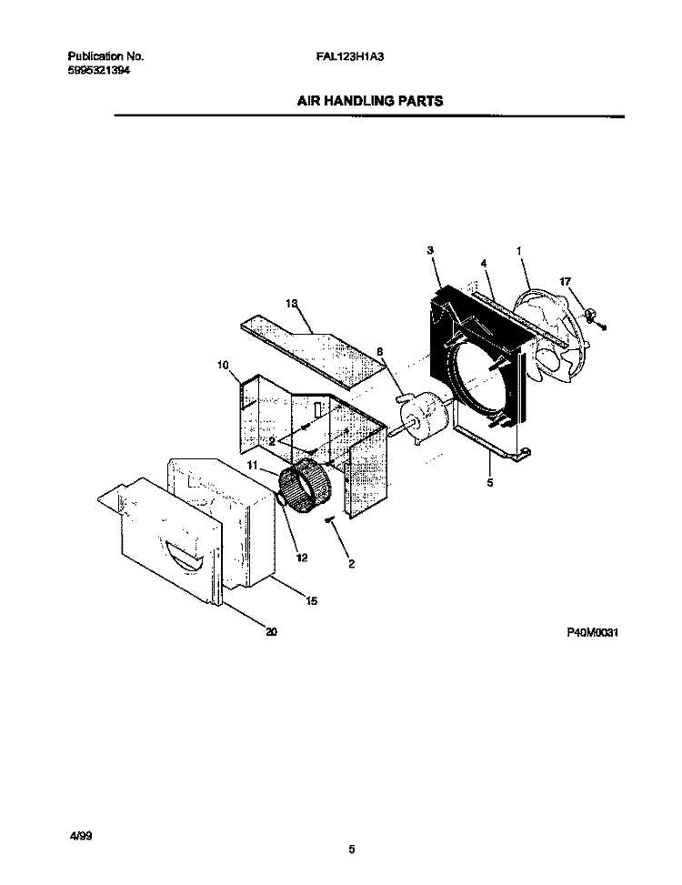 AIR HANDLING PARTS Diagram and Parts List for FAL123H1A3  Frigidaire Air Conditioner