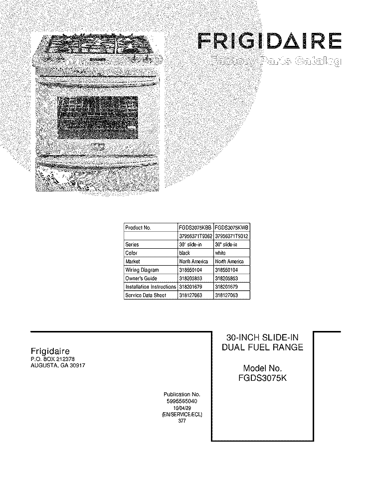 COVER Diagram and Parts List for FGDS3075KBB  Frigidaire Range