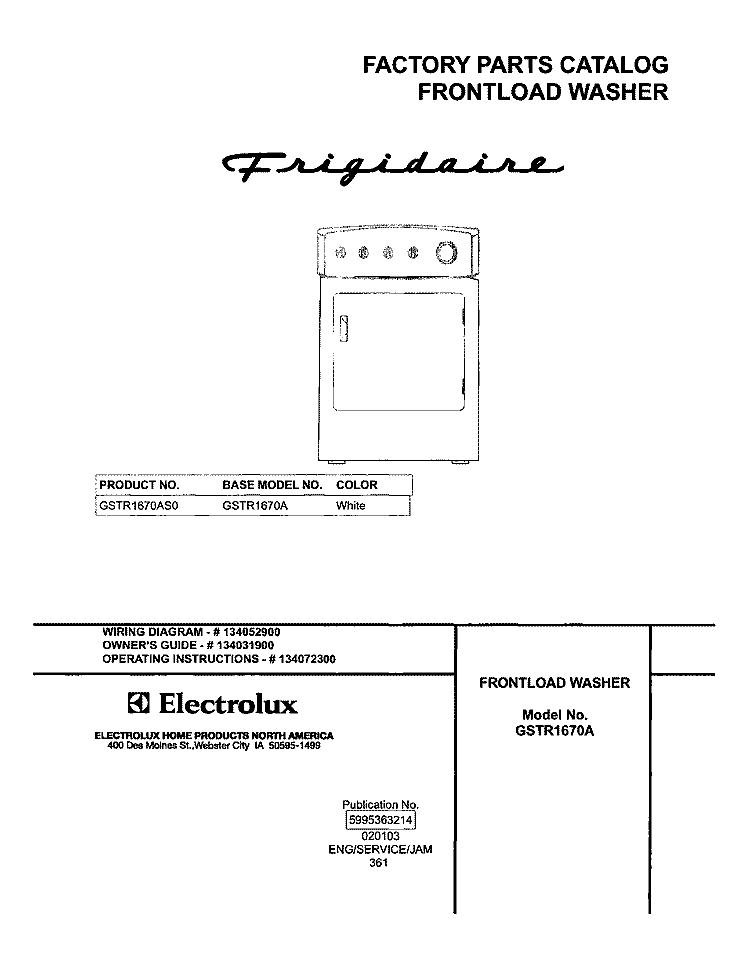 COVER Diagram and Parts List for GSTR1670AS0  Frigidaire Washer