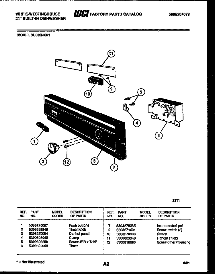 CONSOLE AND CONTROL PARTS Diagram and Parts List for SU330NXR1  Frigidaire Dishwasher