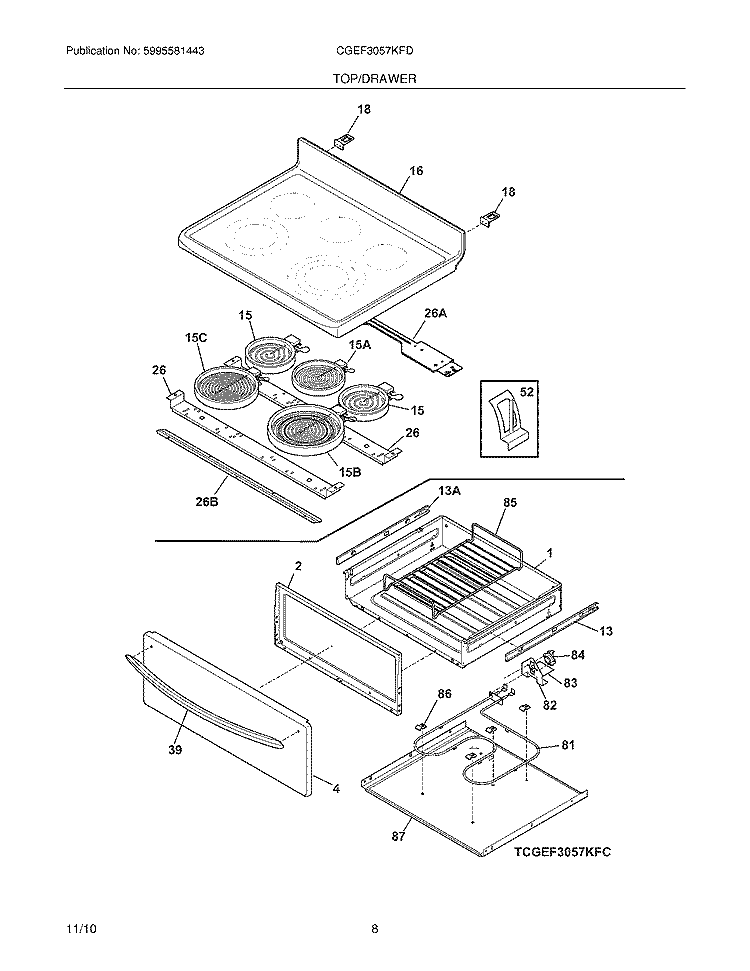 TOP/DRAWER Diagram and Parts List for CGEF3057KFD  Frigidaire Range