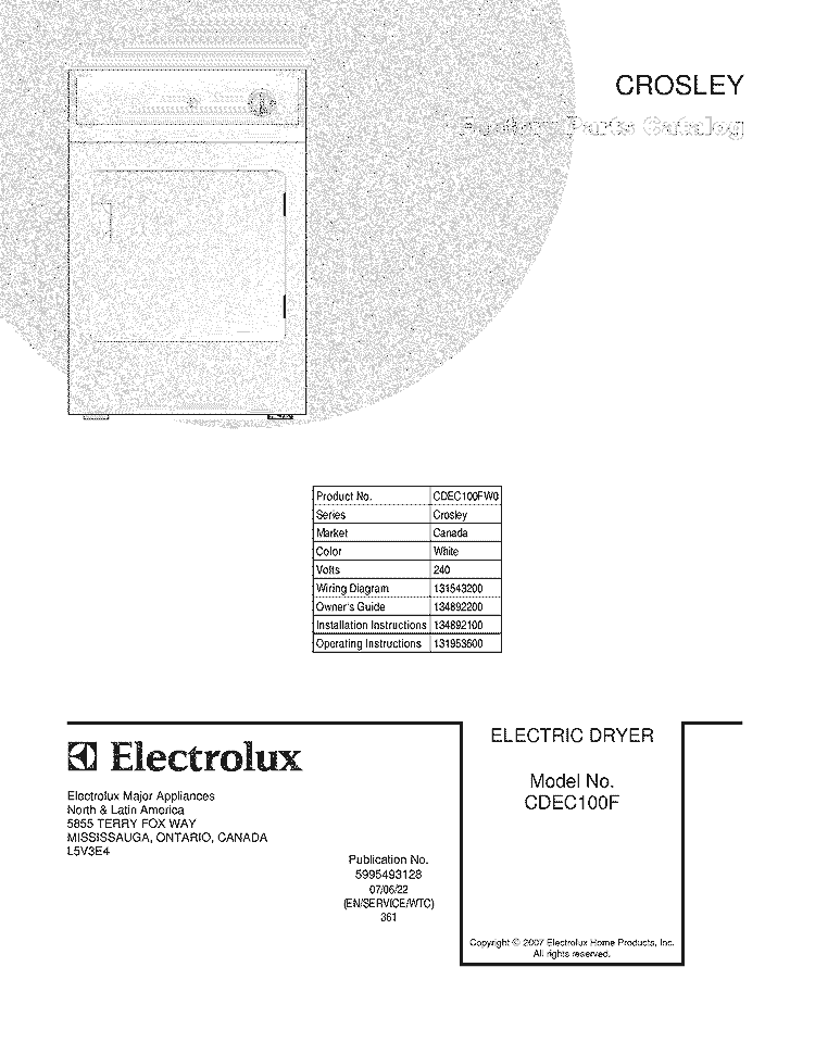 COVER Diagram and Parts List for CDEC100FW0  Crosley Dryer