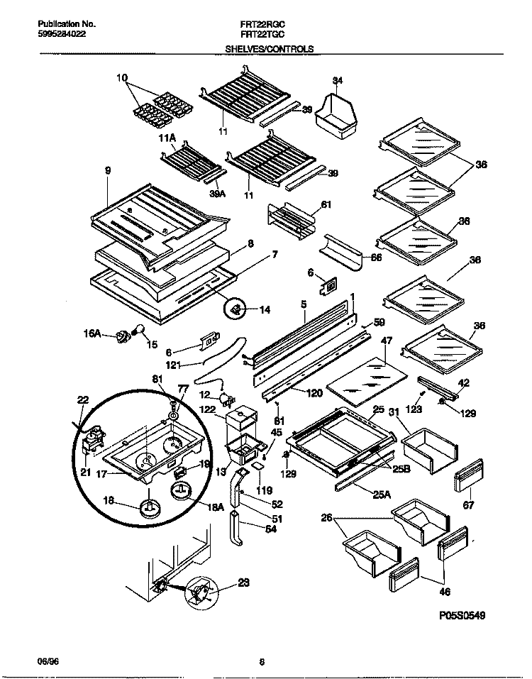 SHELVES / CONTROLS Diagram and Parts List for FRT22RGCB2  Frigidaire Refrigerator