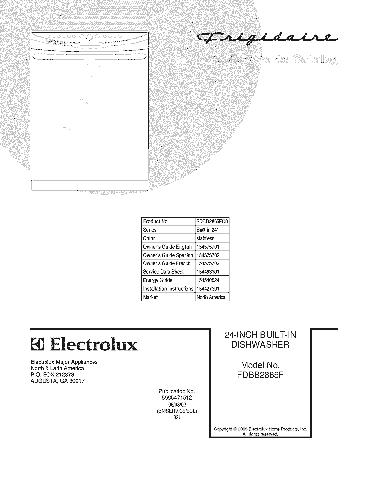 COVER Diagram and Parts List for FDBB2865FC0  Frigidaire Dishwasher