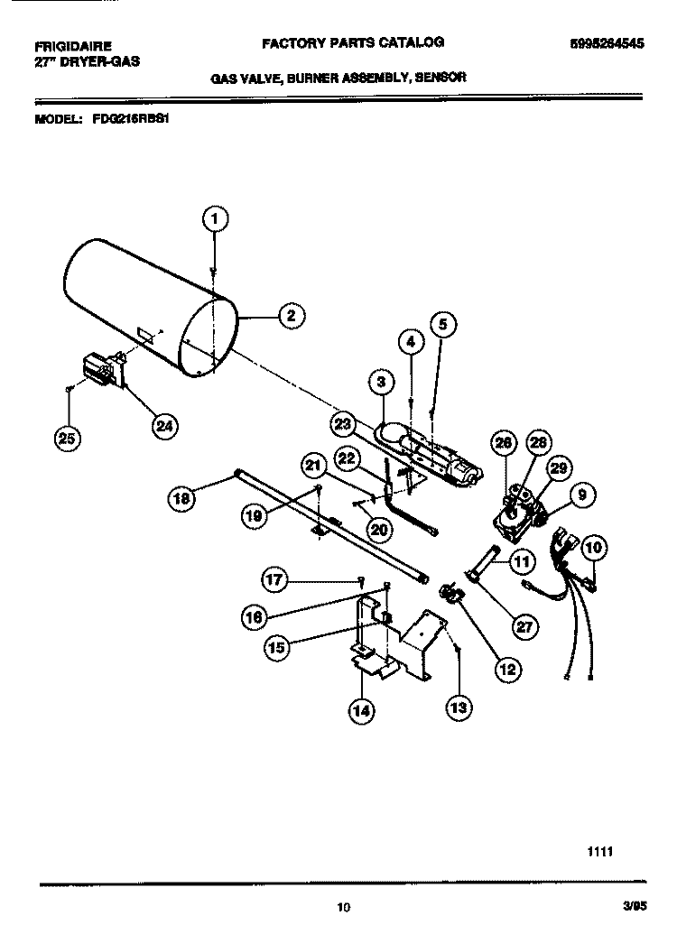 GAS VALVE, BURNER ASSEMBLY, SENSOR Diagram and Parts List for FDG216RBS1  Frigidaire Dryer