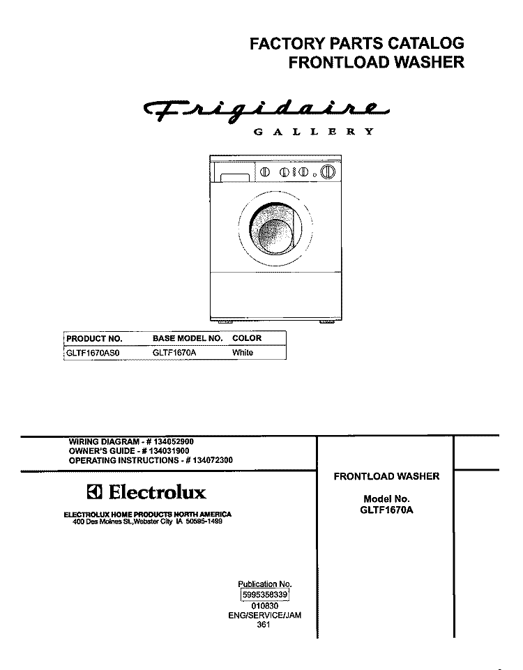 COVER Diagram and Parts List for GLTF1670AS0  Frigidaire Washer