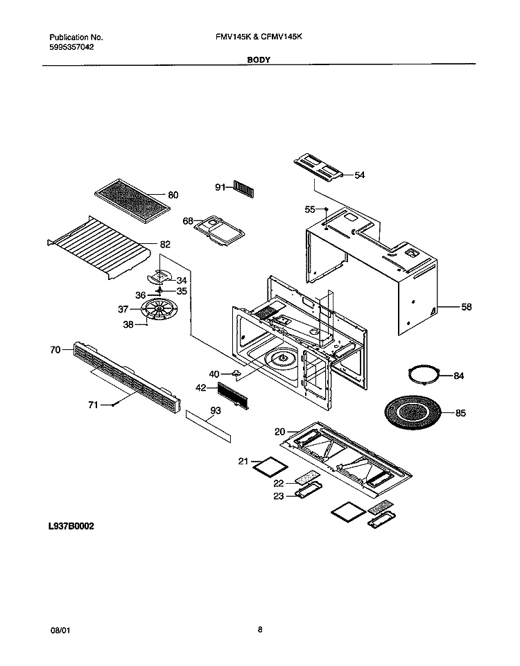 BODY Diagram and Parts List for CFMV145KB1  Frigidaire Microwave