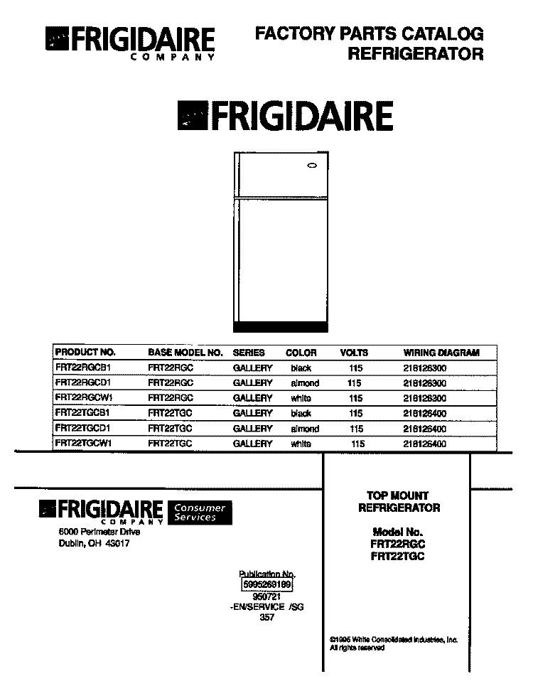 COVER Diagram and Parts List for FRT22RGCD1  Frigidaire Refrigerator