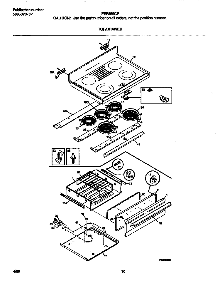 TOP / DRAWER Diagram and Parts List for FEF389CFBH  Frigidaire Range