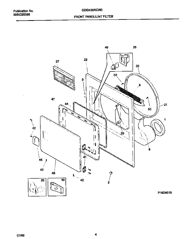 P16D0019 FRNT PNL, DOOR Diagram and Parts List for GDG436REW0  Gibson Dryer
