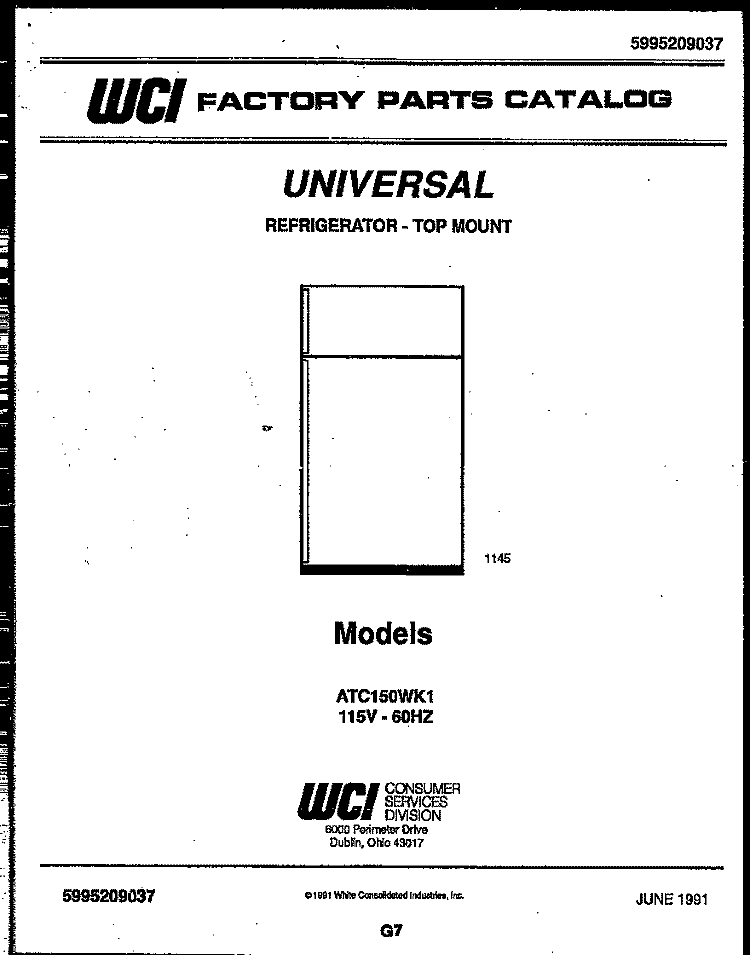 COVER Diagram and Parts List for ATC150WKJ1  Uni Refrigerator
