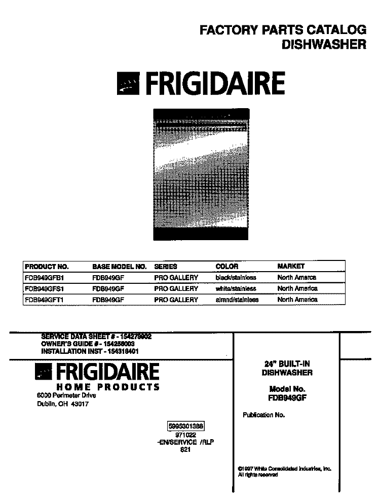 COVER Diagram and Parts List for FDB949GFB1  Frigidaire Dishwasher