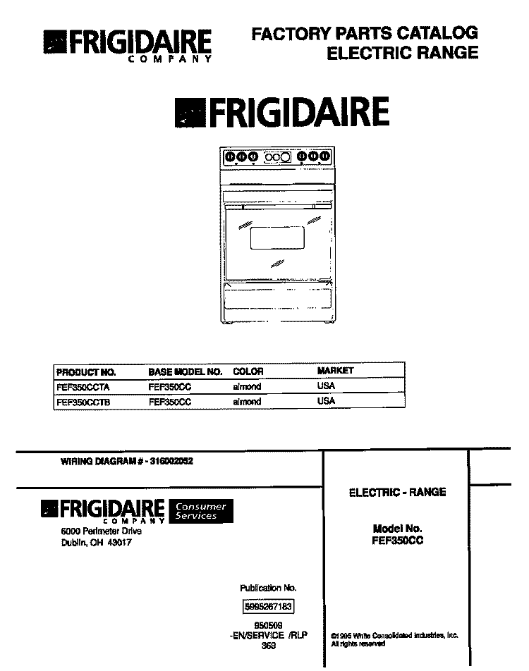 COVER Diagram and Parts List for FEF350CCTB  Frigidaire Range