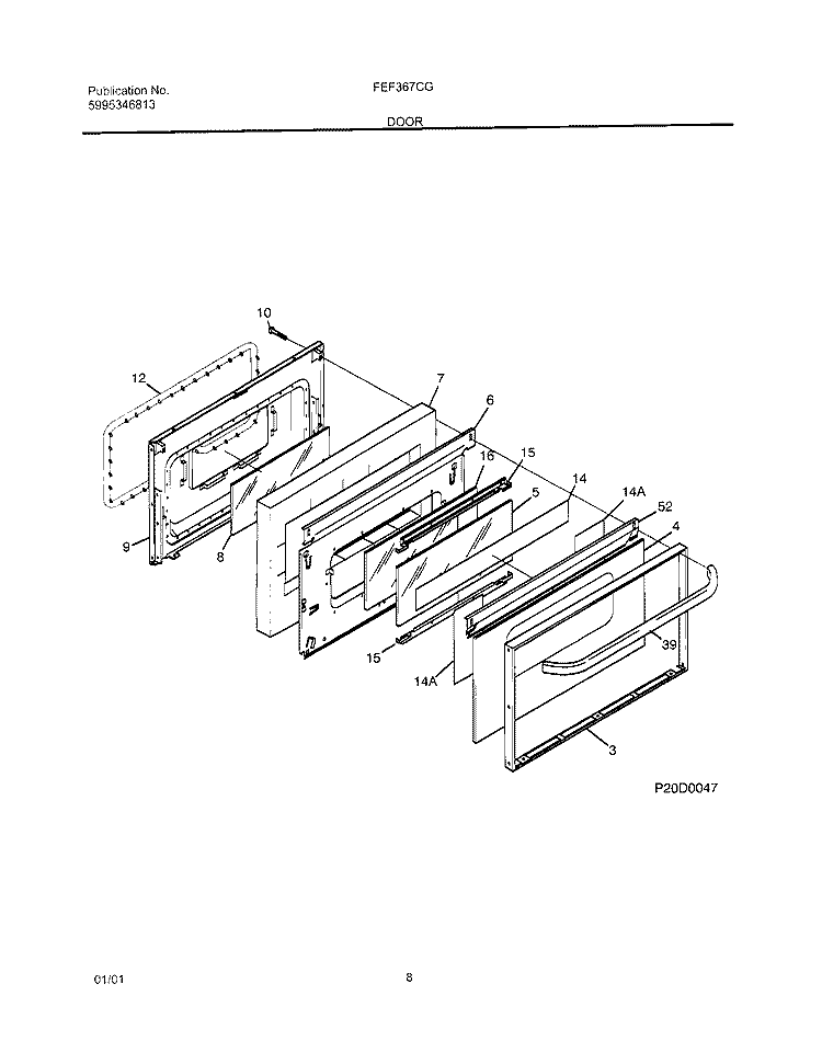 DOOR Diagram and Parts List for FEF367CGSE  Frigidaire Range