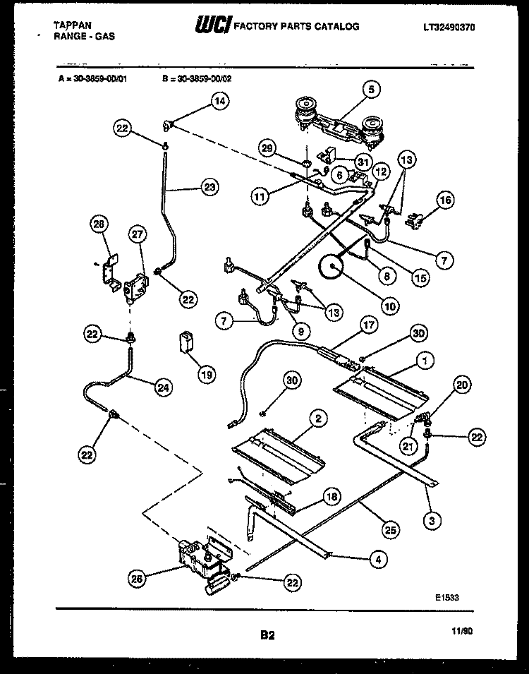 BURNER, MANIFOLD AND GAS CONTROL Diagram and Parts List for 30-3859-00-01  Tappan Range
