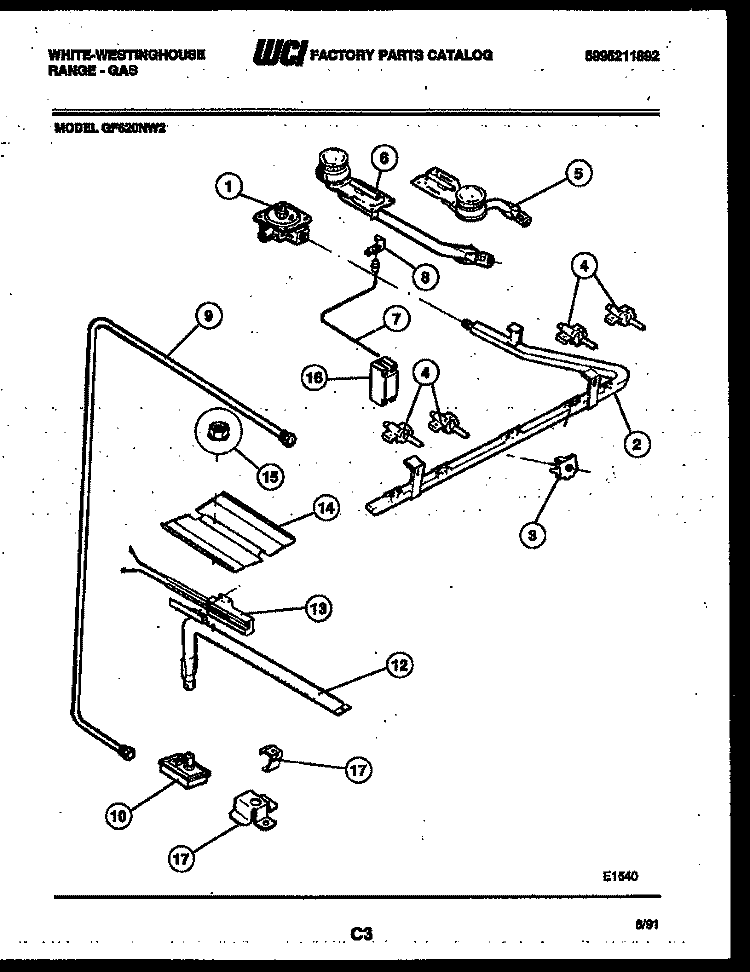 BURNER, MANIFOLD AND GAS CONTROL Diagram and Parts List for GF620NW2  Frigidaire Range