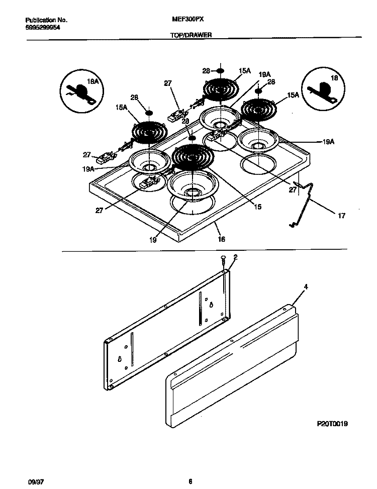 TOP / DRAWER Diagram and Parts List for MEF300PXWE  Frigidaire Range