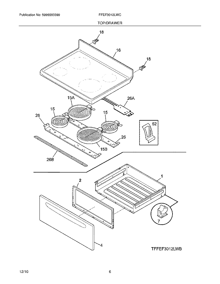 TOP/DRAWER Diagram and Parts List for FFEF3012LWC  Frigidaire Range