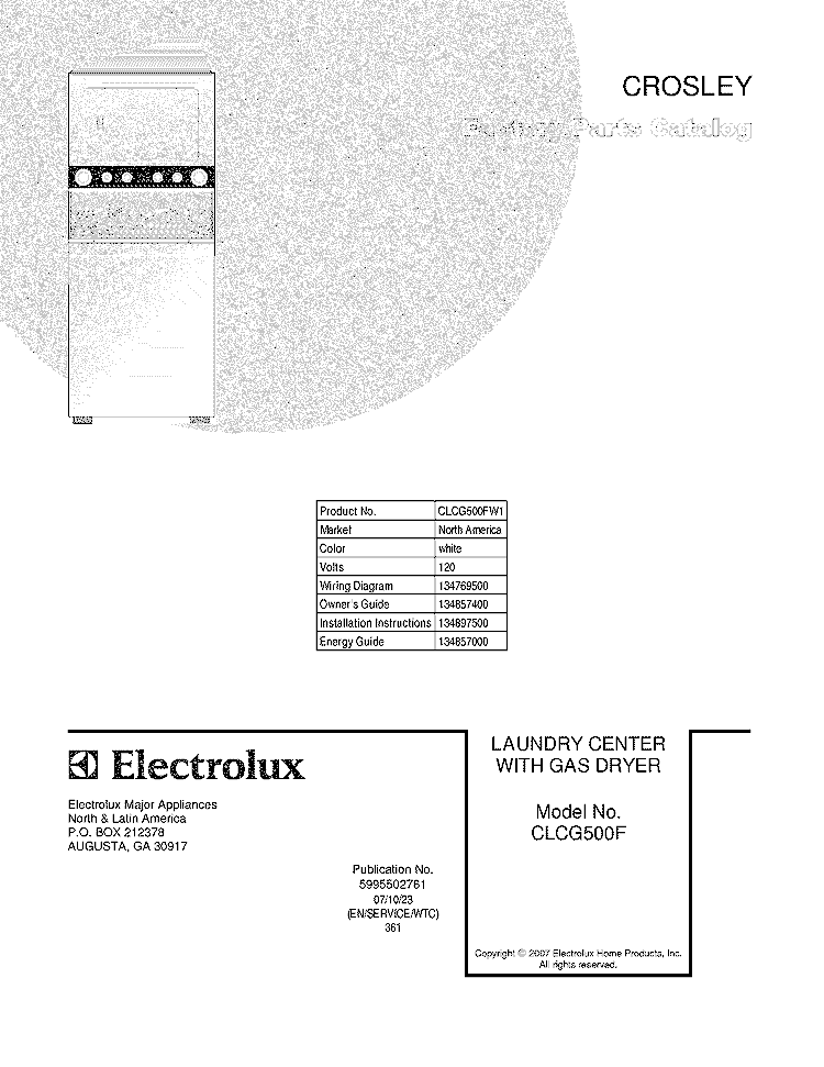 COVER Diagram and Parts List for CLCG500FW1  Crosley Washer Dryer Combo