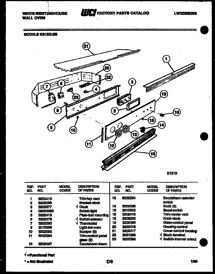 CONTROL PANEL Diagram and Parts List for KB122LMO  Frigidaire Wall Oven
