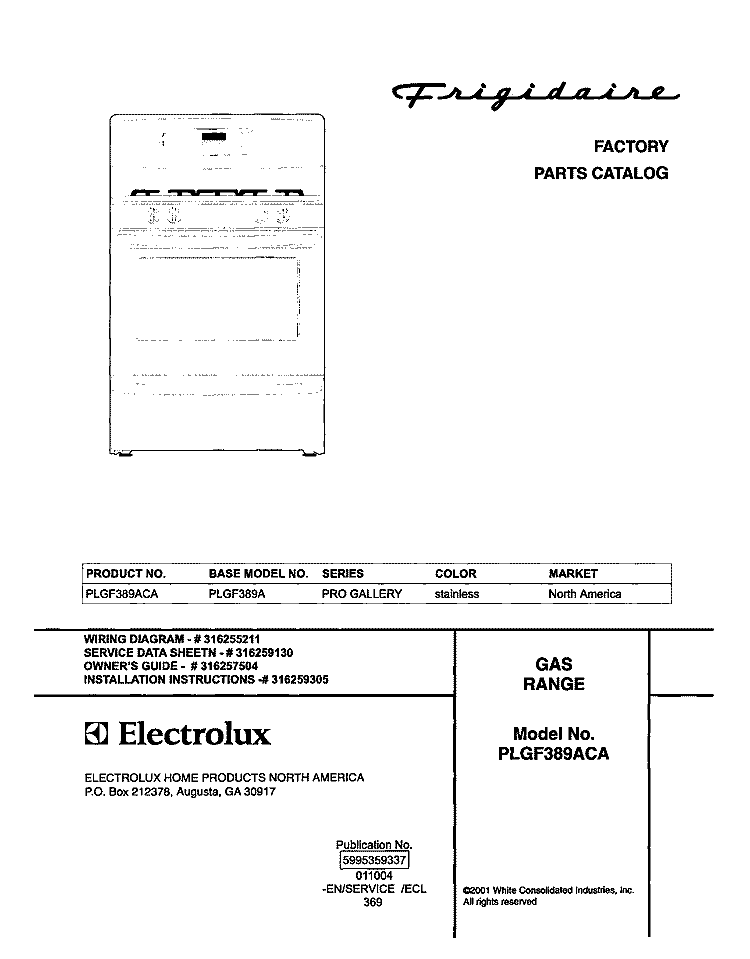 COVER Diagram and Parts List for PLGF389ACA  Frigidaire Range