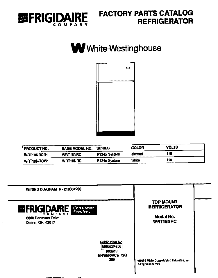 COVER Diagram and Parts List for WRT18NRCW1  Frigidaire Refrigerator