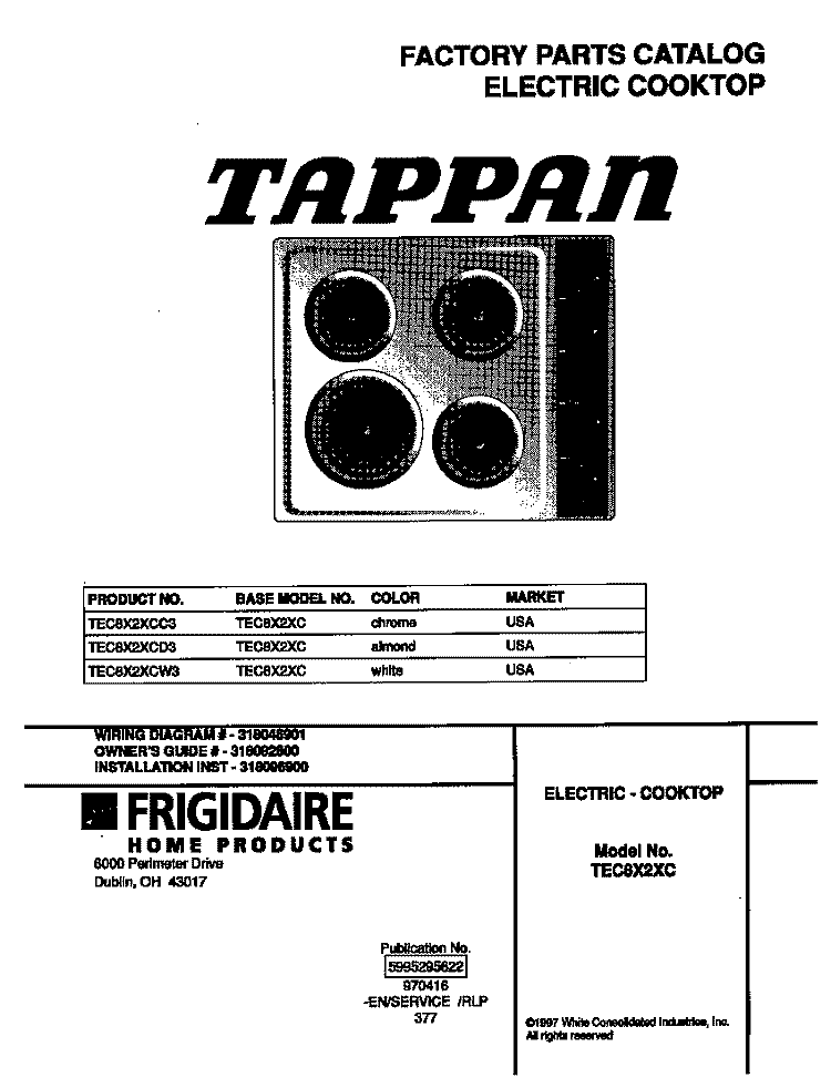 COVER Diagram and Parts List for TEC8X2XCD3  Tappan Cooktop