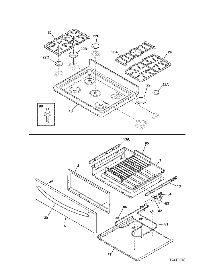 TOP / DRAWER Diagram and Parts List for PLGFZ390ECA  Frigidaire Range