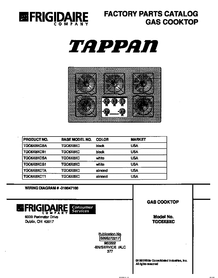 COVER Diagram and Parts List for TGC6X8XCTA  Tappan Cooktop