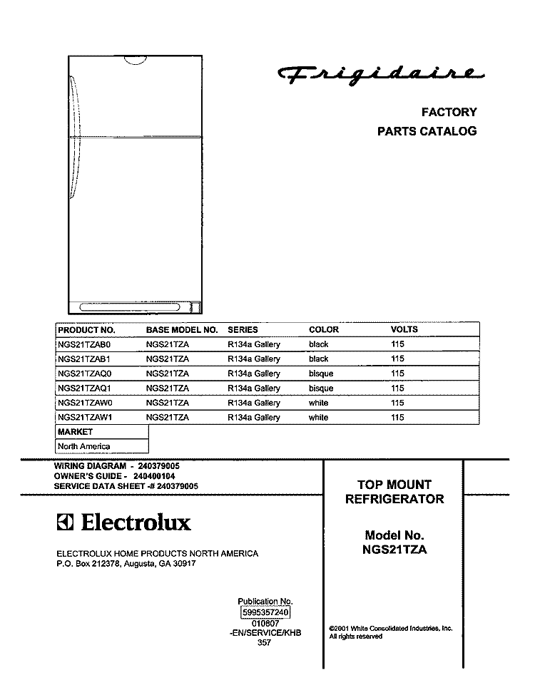 COVER Diagram and Parts List for NGS21TZAB1  Frigidaire Refrigerator