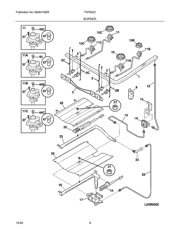 BURNER Diagram and Parts List for TGFS63CBC  Tappan Range