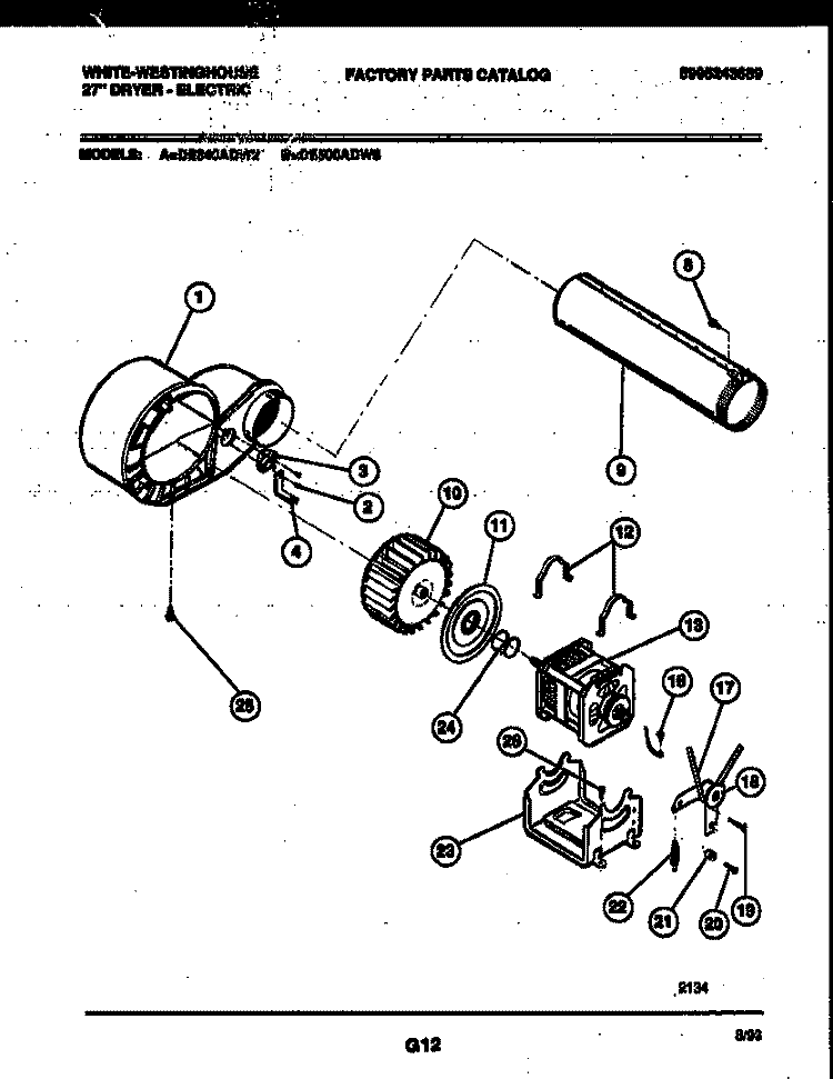 BLOWER AND DRIVE PARTS Diagram and Parts List for DE640ADW2  Frigidaire Dryer