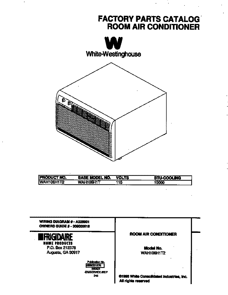 COVER Diagram and Parts List for WAH106H1T2  Frigidaire Air Conditioner