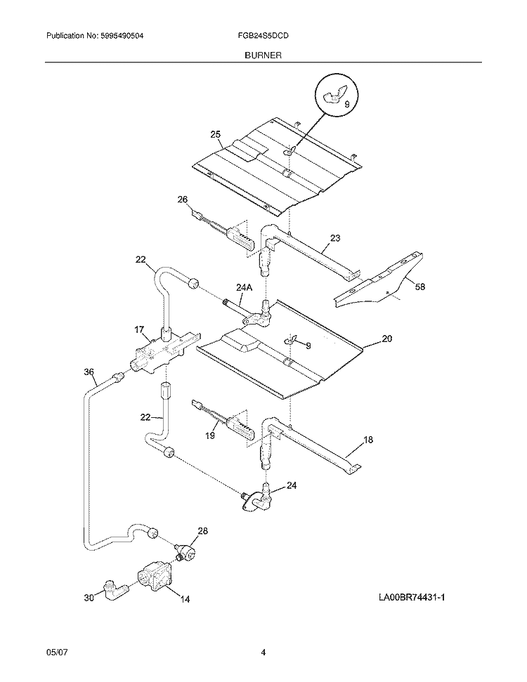 BURNER Diagram and Parts List for FGB24S5DCD  Frigidaire Wall Oven