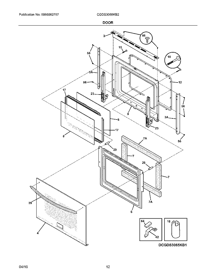 DOOR Diagram and Parts List for CGDS3065KB2  Frigidaire Range