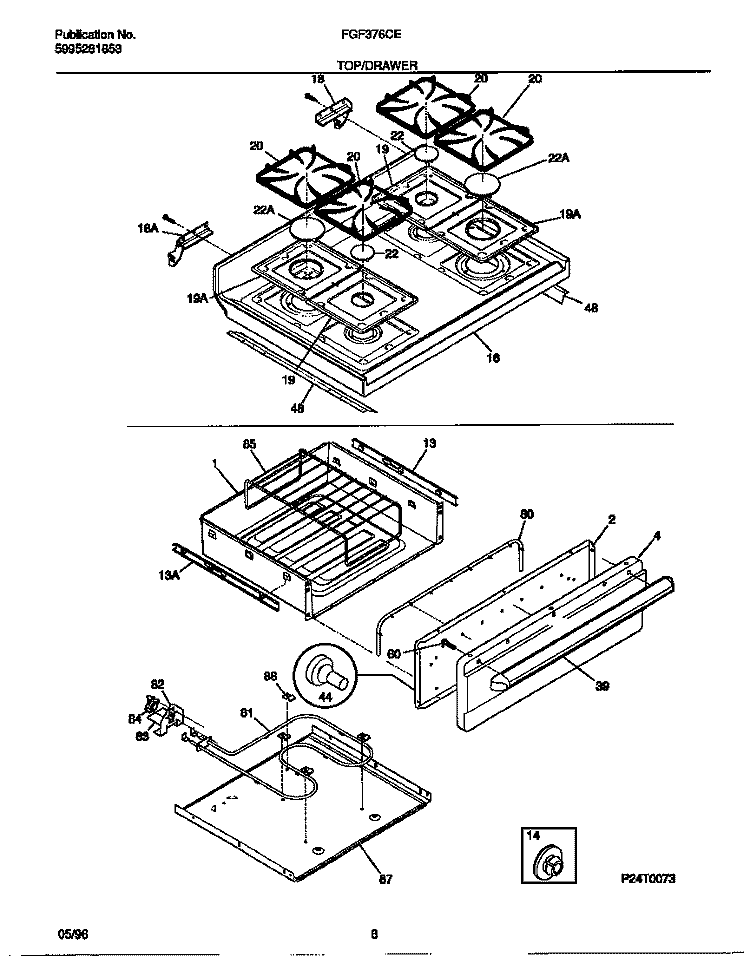 TOP / DRAWER Diagram and Parts List for FGF376CETA  Frigidaire Range